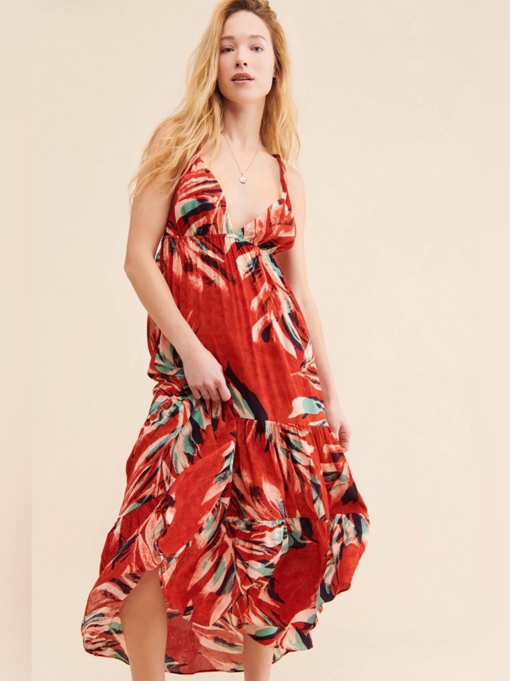 Anthropologie The Danika Red Tropical Print Midi Dress Resort 2X
